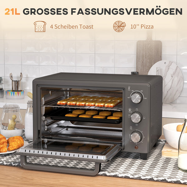 Minibackofen Ofen 21L 1400W 100-230°C mit Timer und Zubehör Edelstahl Grau