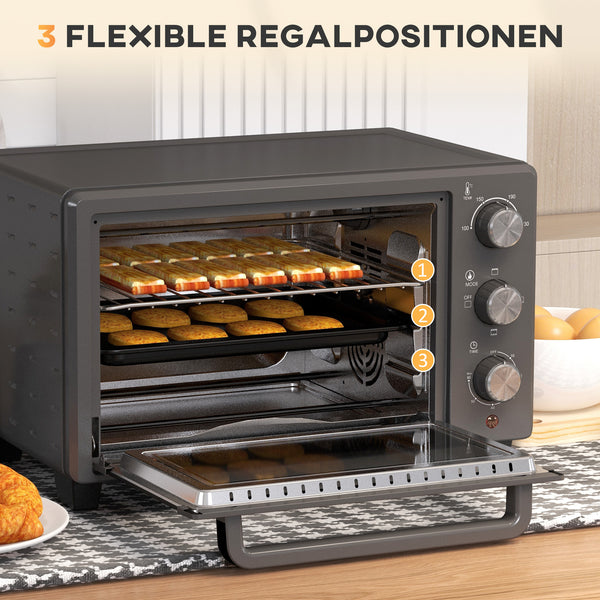 Minibackofen Ofen 21L 1400W 100-230°C mit Timer und Zubehör Edelstahl Grau