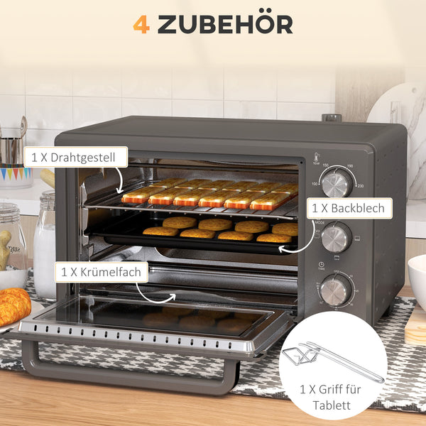 Minibackofen Ofen 21L 1400W 100-230°C mit Timer und Zubehör Edelstahl Grau