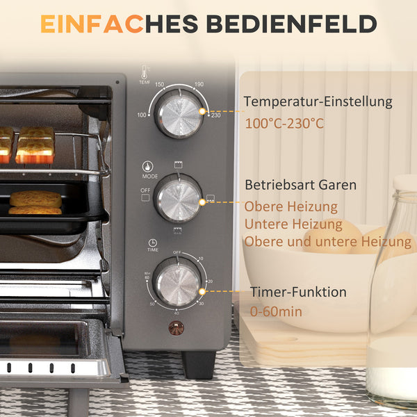 Minibackofen Ofen 21L 1400W 100-230°C mit Timer und Zubehör Edelstahl Grau