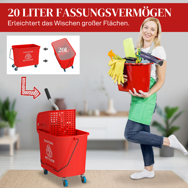 Mopp-Eimer mit Auswringer und Rollen 20L Kunststoff rot