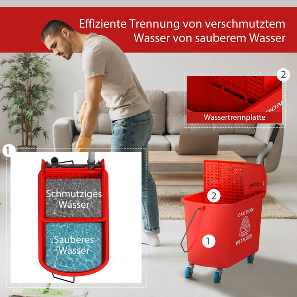 Mopp-Eimer mit Auswringer und Rollen 20L Kunststoff rot