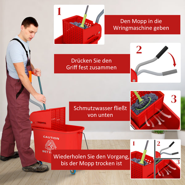 Mopp-Eimer mit Auswringer und Rollen 20L Kunststoff rot