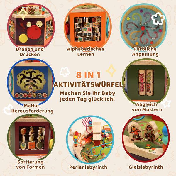 Motorikwürfel Aktivitätswürfel 8-in-1 mit Motorikschleife für Kinder