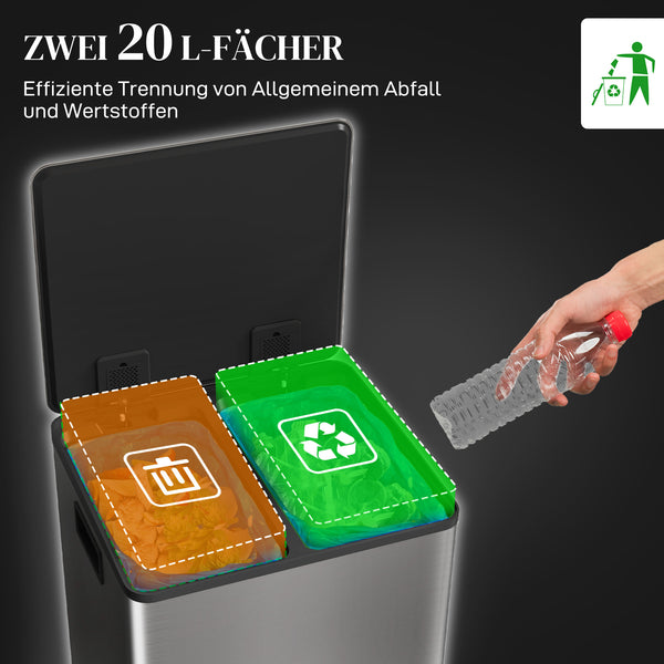 Mülleimer mit 2 Fächern Soft-Close fingerabdrucksicher 40L Edelstahl silber