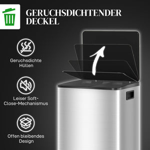 Mülleimer mit 2 Fächern Soft-Close fingerabdrucksicher 40L Edelstahl silber