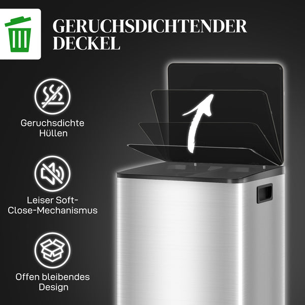 Mülleimer mit 2 Fächern Soft-Close fingerabdrucksicher 40L Edelstahl silber
