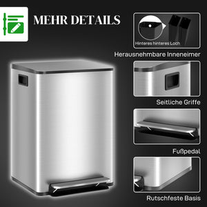 Mülleimer mit 2 Fächern Soft-Close fingerabdrucksicher 40L Edelstahl silber