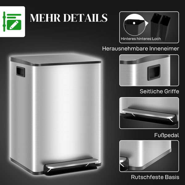 Mülleimer mit 2 Fächern Soft-Close fingerabdrucksicher 40L Edelstahl silber