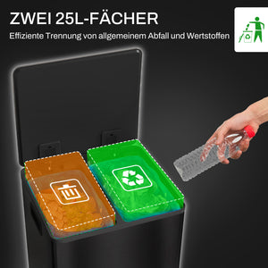 Mülleimer mit 2 Fächern Soft-Close 50L Edelstahl schwarz