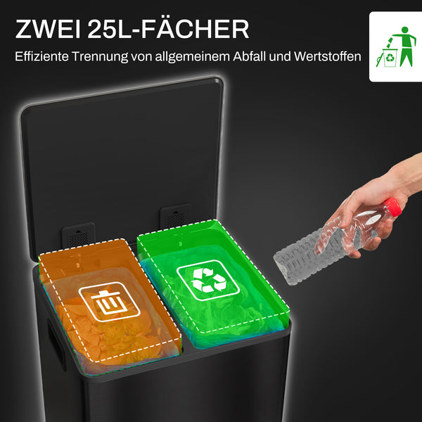 Mülleimer mit 2 Fächern Soft-Close 50L Edelstahl schwarz