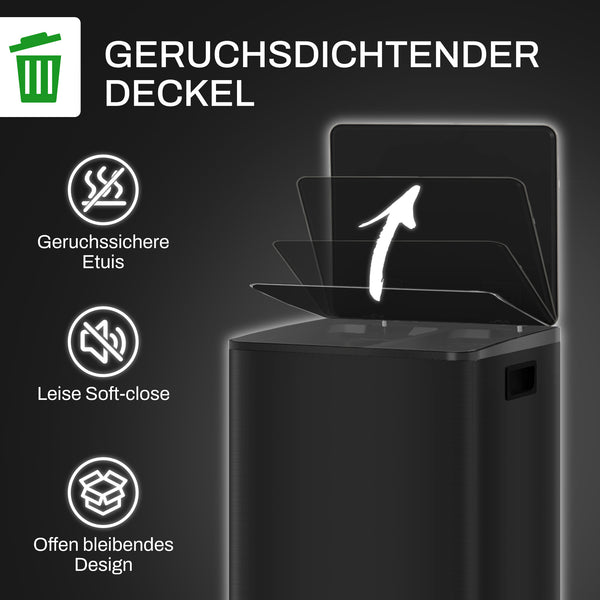 Mülleimer mit 2 Fächern Soft-Close 50L Edelstahl schwarz