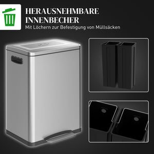 Mülleimer mit Fusspedal 2 Fächer Deckel 2x20L Edelstahl