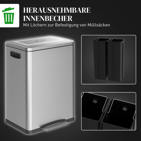 Mülleimer mit Fusspedal 2 Fächer Deckel 2x20L Edelstahl