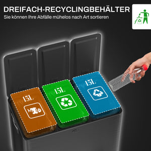 Mülleimer mit 3 Fächern geruchsdicht Soft-Close 45L schwarz