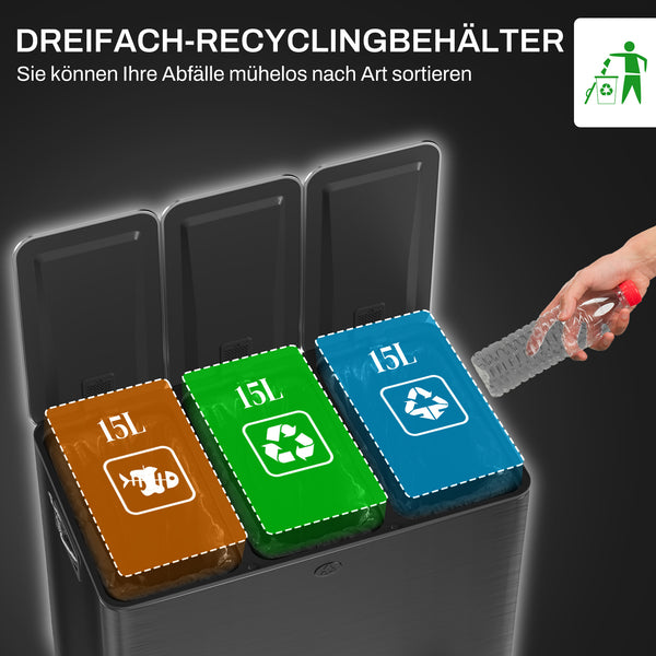 Mülleimer mit 3 Fächern geruchsdicht Soft-Close 45L schwarz