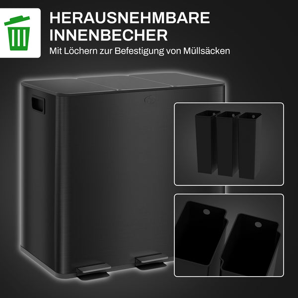 Mülleimer mit 3 Fächern geruchsdicht Soft-Close 45L schwarz