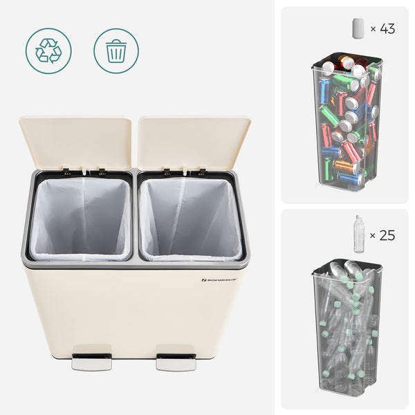 Poubelle à pédale, hermétique, 2 x 30 L, en métal, couleur crème