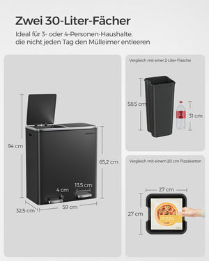 Poubelle à 2 compartiments, 2 x 30 litres