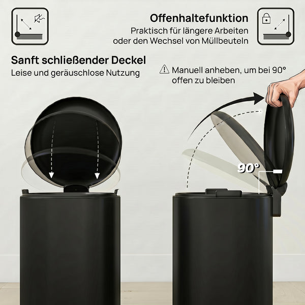 Mülleimer Treteimer mit Deckel Soft Close Inneneimer 30L schwarz