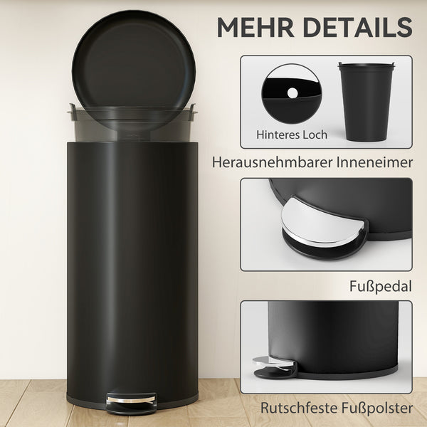 Mülleimer Treteimer mit Deckel Soft Close Inneneimer 30L schwarz