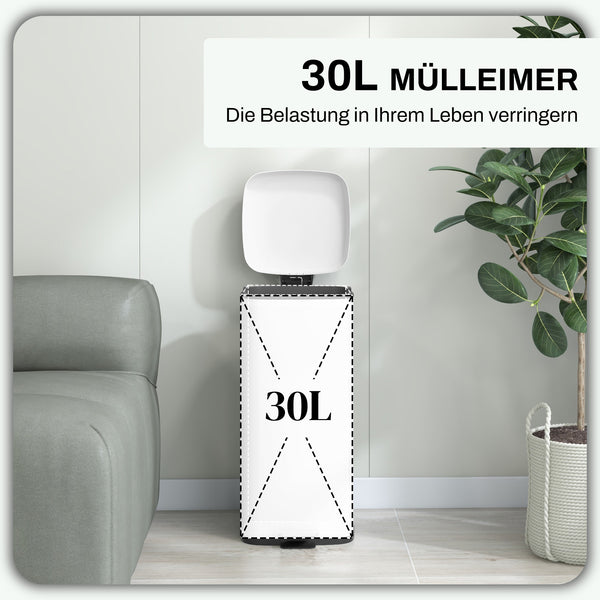 Mülleimer mit Soft-Close Fusspedal fingerabdrucksicher 30L weiss