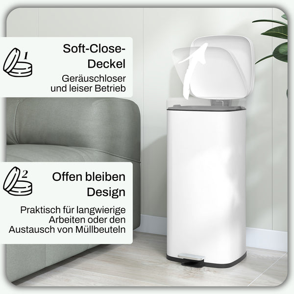Mülleimer mit Soft-Close Fusspedal fingerabdrucksicher 30L weiss