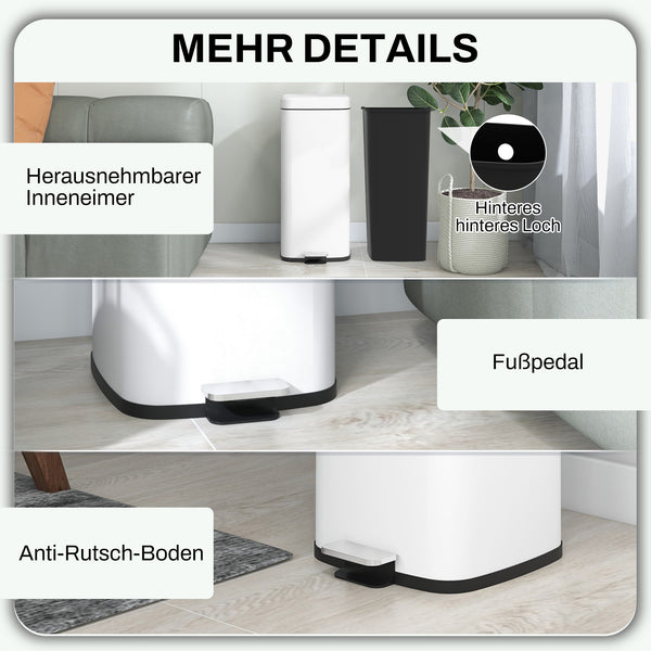 Mülleimer mit Soft-Close Fusspedal fingerabdrucksicher 30L weiss