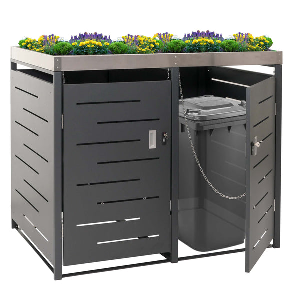 Mülltonnenbox mit Pflanzkasten aus Edelstahl & Metall. 2er Set