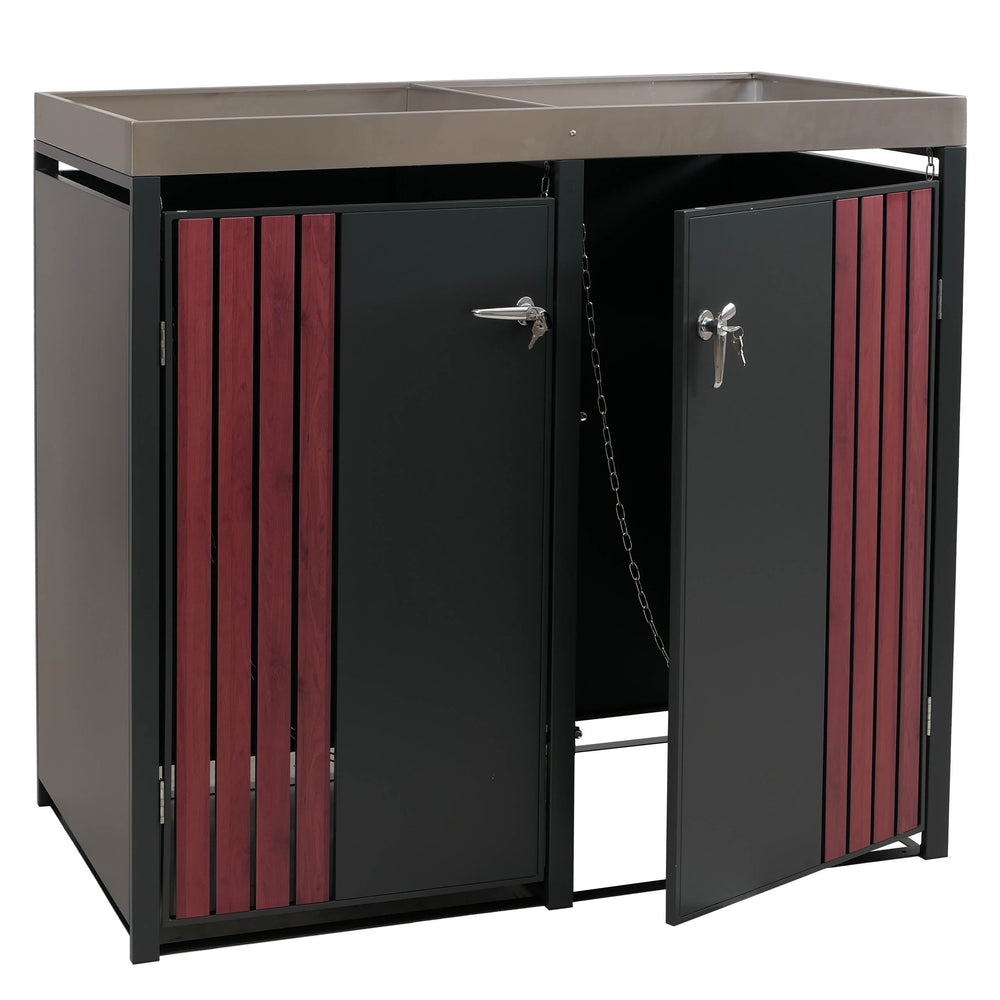 Mülltonnenbox Metall mit Pflanzkasten. anthrazit. Holzoptik. 2er