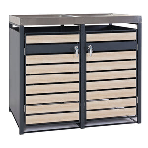 Mülltonnenbox Metall anthrazit mit Pflanzkasten. 2er Set. Holzoptik