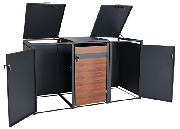 Mülltonnenbox 3er Anthrazit Dunkelbraun Metall Holzoptik