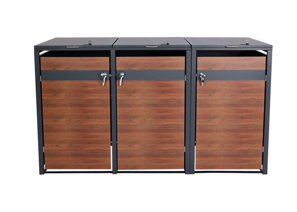 Mülltonnenbox 3er Anthrazit Dunkelbraun Metall Holzoptik