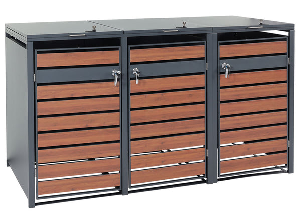 Mülltonnenbox Metall anthrazit. 3er. Holzoptik dunkelbraun