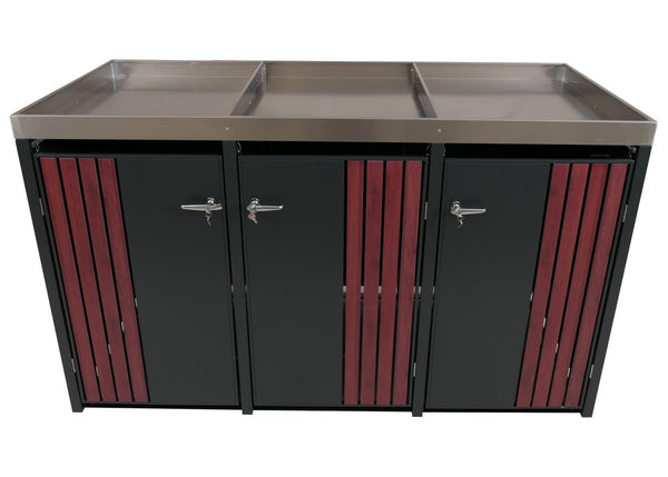 Mülltonnenbox Metall mit Pflanzkasten. anthrazit Holzoptik. 3er