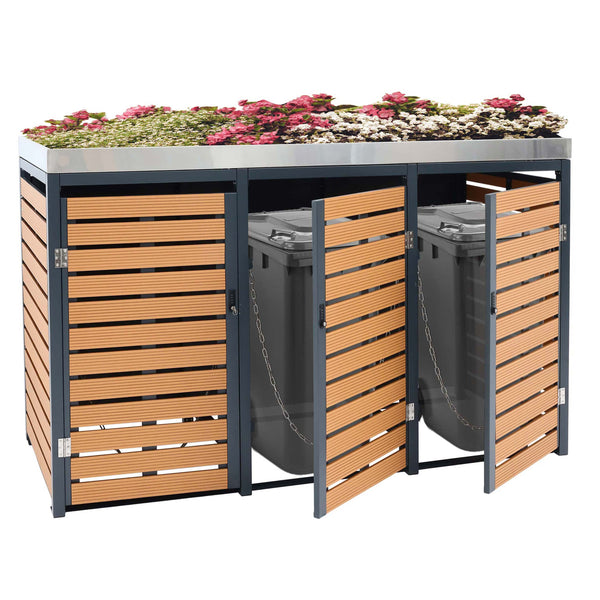 Mülltonnenbox 3er WPC Edelstahl mit Pflanzkasten Teak-Optik