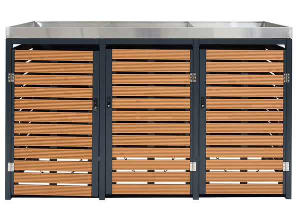 Mülltonnenbox 3er WPC Edelstahl mit Pflanzkasten Teak-Optik