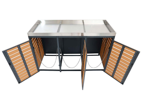 Mülltonnenbox 3er WPC Edelstahl mit Pflanzkasten Teak-Optik