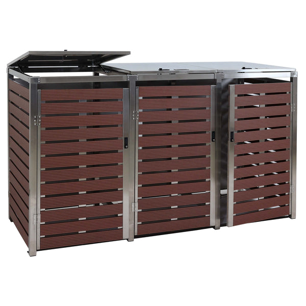 Mülltonnenbox 3-fach WPC Edelstahl Walnuss-Holzoptik 120x200x85cm