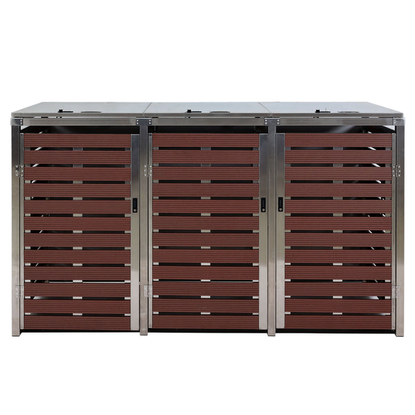 Mülltonnenbox 3-fach WPC Edelstahl Walnuss-Holzoptik 120x200x85cm