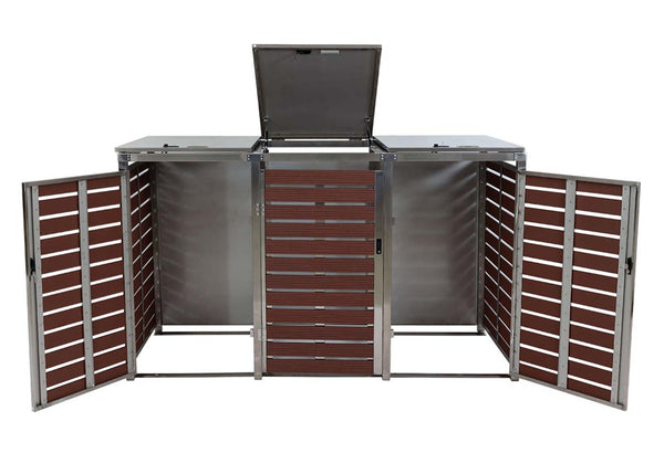 Mülltonnenbox 3-fach WPC Edelstahl Walnuss-Holzoptik 120x200x85cm