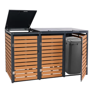 3er Mülltonnenbox WPC Metall Teak-Optik für 240L Tonnen