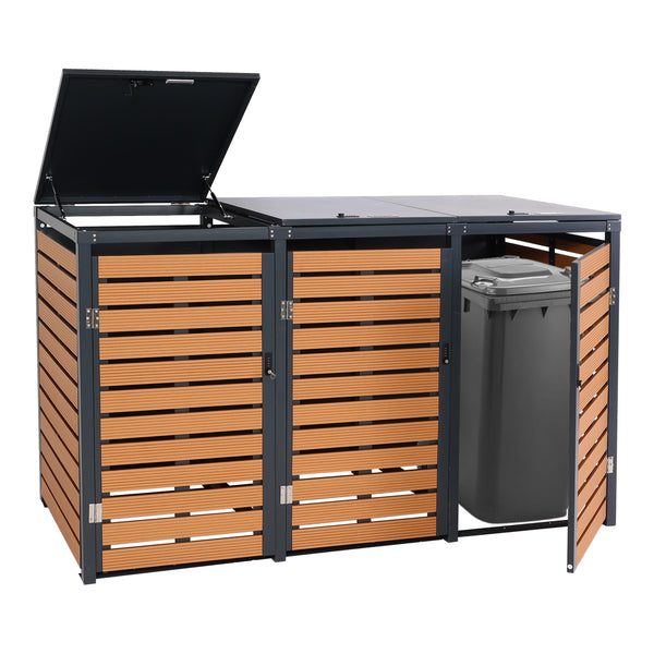 3er Mülltonnenbox WPC Metall Teak-Optik für 240L Tonnen