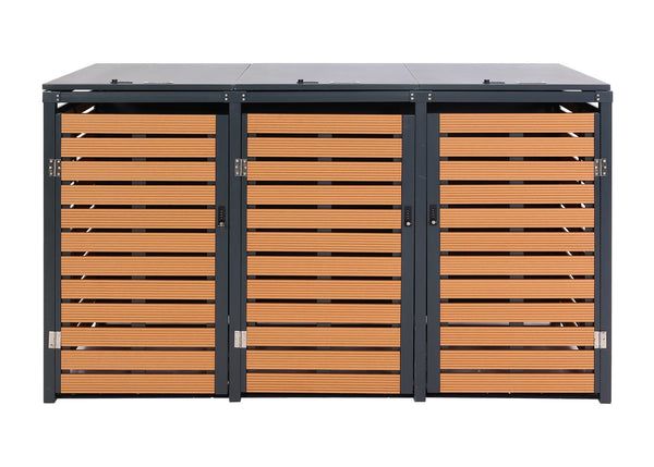 3er Mülltonnenbox WPC Metall Teak-Optik für 240L Tonnen