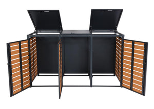 3er Mülltonnenbox WPC Metall Teak-Optik für 240L Tonnen