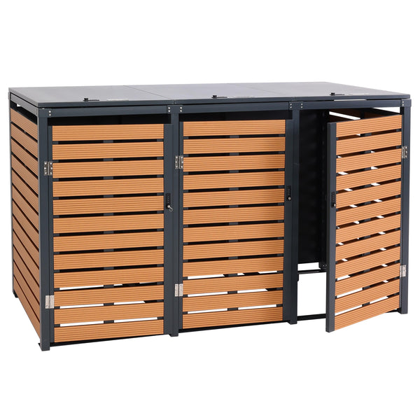 3er Mülltonnenbox WPC Metall Teak-Optik für 240L Tonnen