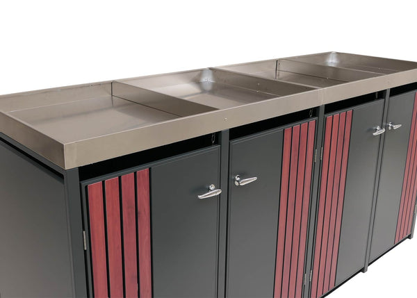 Mülltonnenbox mit Pflanzkasten, Metall Anthrazit Holzoptik, 4er
