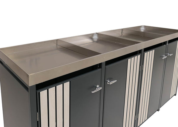 Mülltonnenbox Metall mit Pflanzkasten, anthrazit Holzoptik, 4er