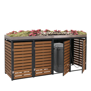 Mülltonnenbox 4er aus WPC & Edelstahl mit Pflanzkasten Teak-Optik