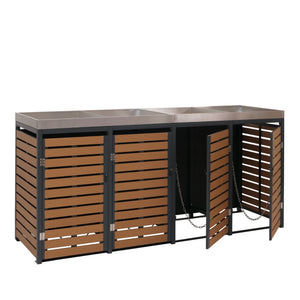Mülltonnenbox 4er aus WPC & Edelstahl mit Pflanzkasten Teak-Optik